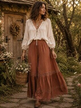 Advance Apparels Boho Tiered Palazzo Pants Lace Trim Free Size NWT Brown